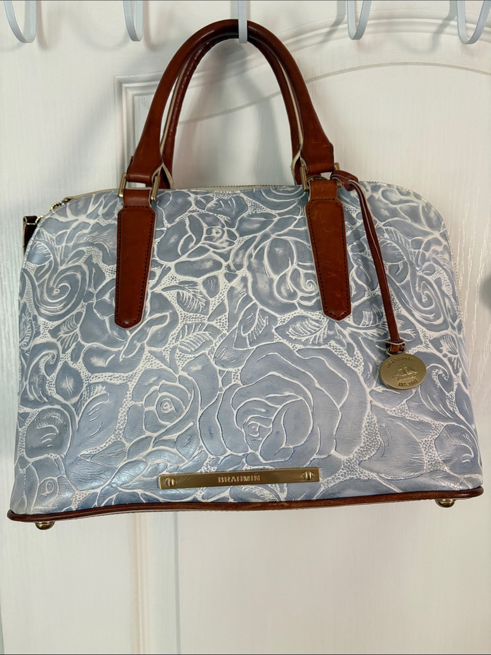 Brahmin Vivian Dome Satchel Blue Floral Embossed with Brown Trim - Picture 1 of 16